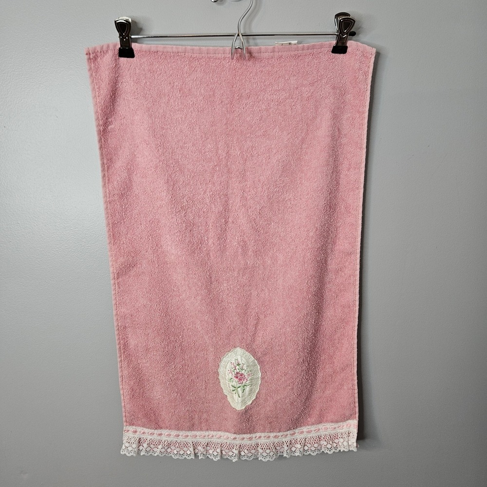Vtg Cannon Pink 100% Cotton Hand Towel Floral Applique Lace Trim Made in USA